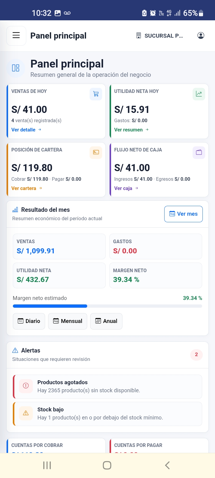 Pantalla móvil de SARPAL ERP: panel principal