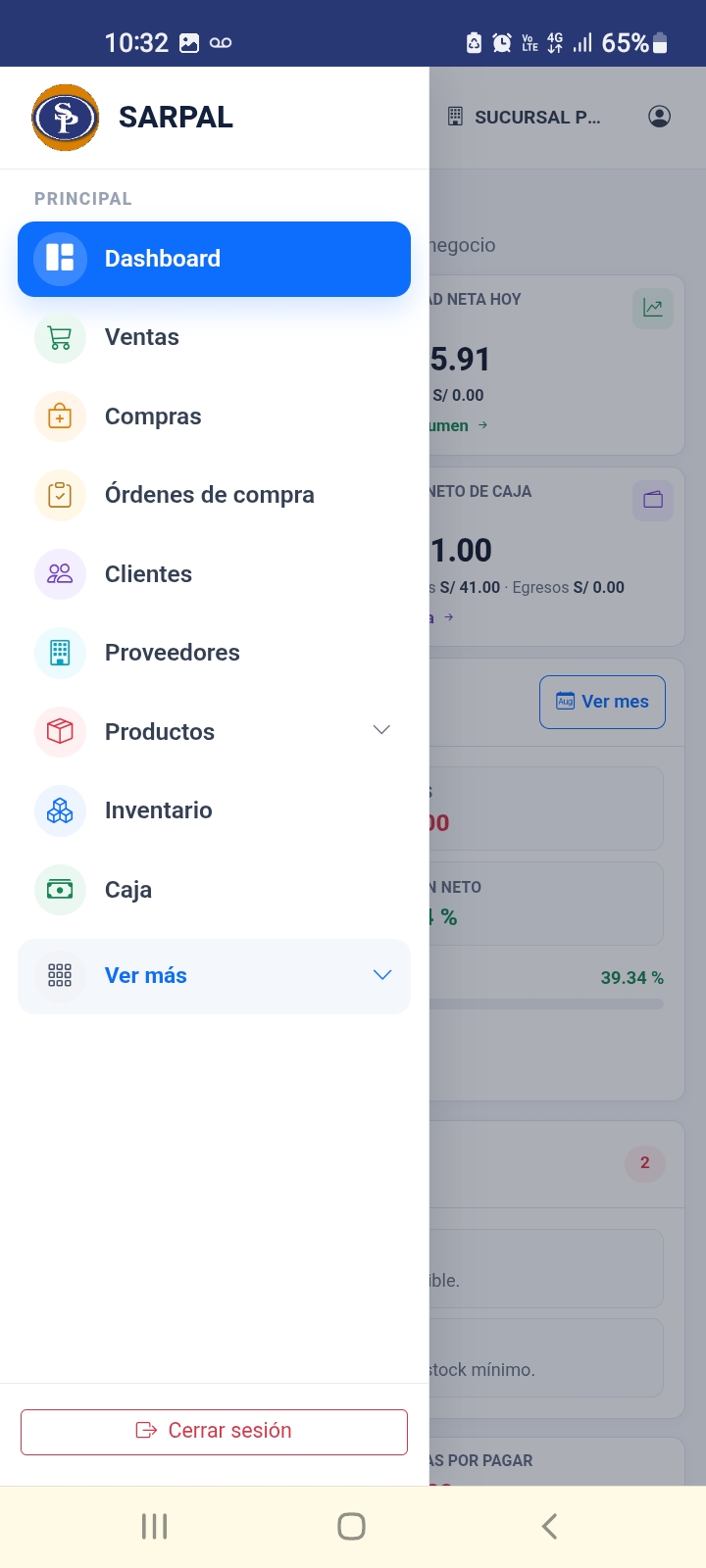 Pantalla móvil de SARPAL ERP: menú de módulos