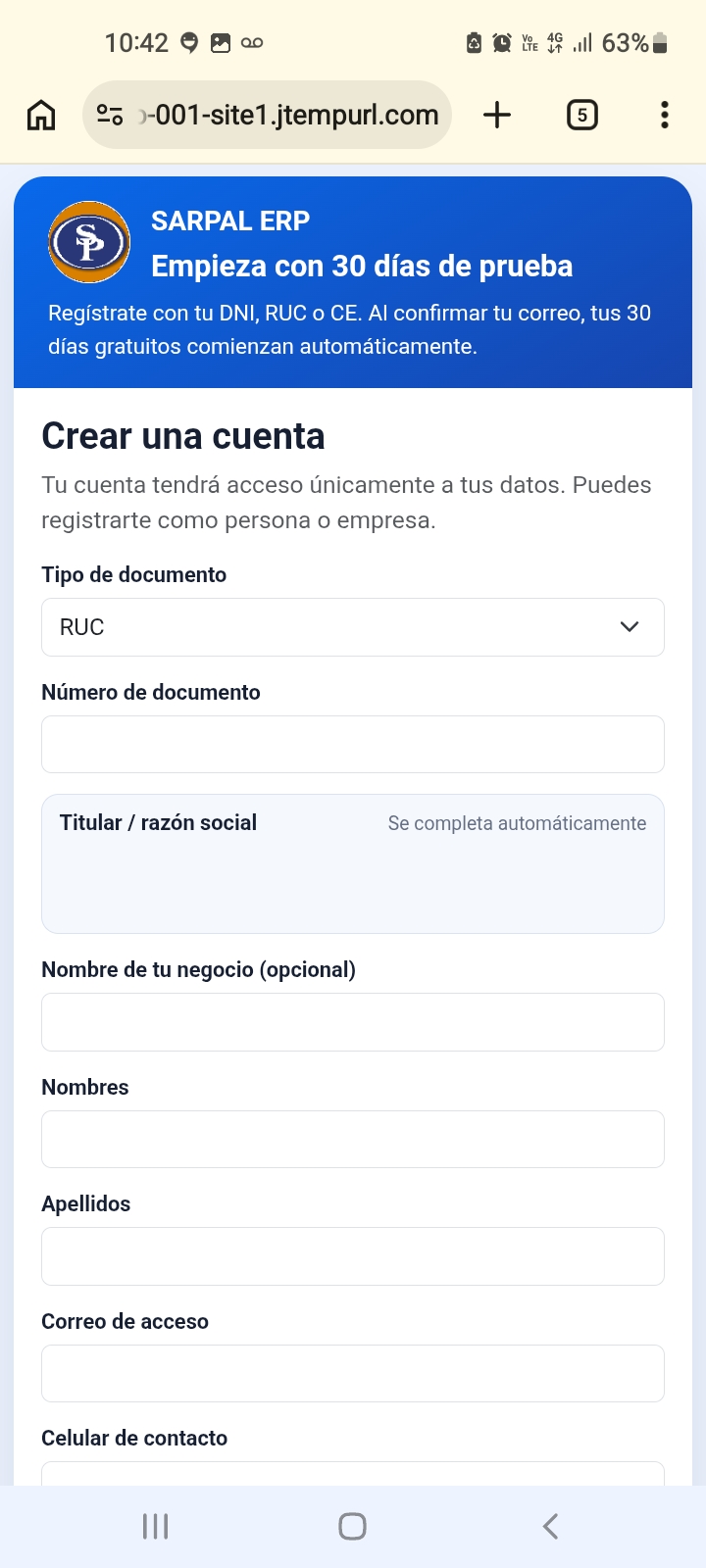 Pantalla móvil de SARPAL ERP: registro