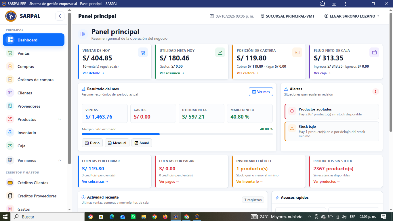 Panel principal real de SARPAL ERP con ventas, utilidad, caja y alertas de inventario