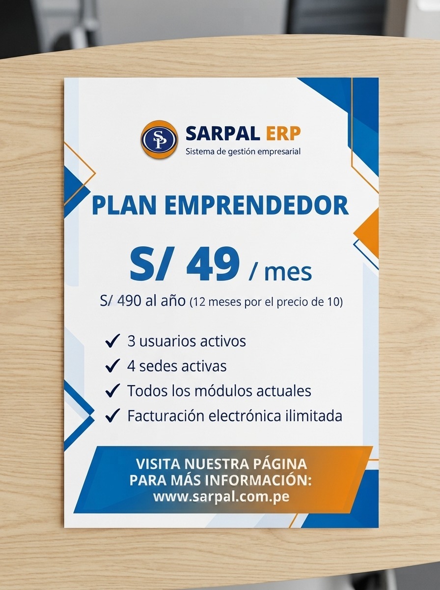 Plan Emprendedor: S/ 49 al mes. S/ 490 al año. 3 usuarios · 4 sedes.