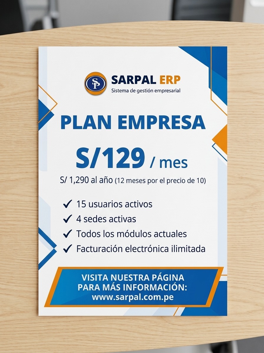 Plan Empresa: S/ 129 al mes. S/ 1,290 al año. 15 usuarios · 4 sedes.
