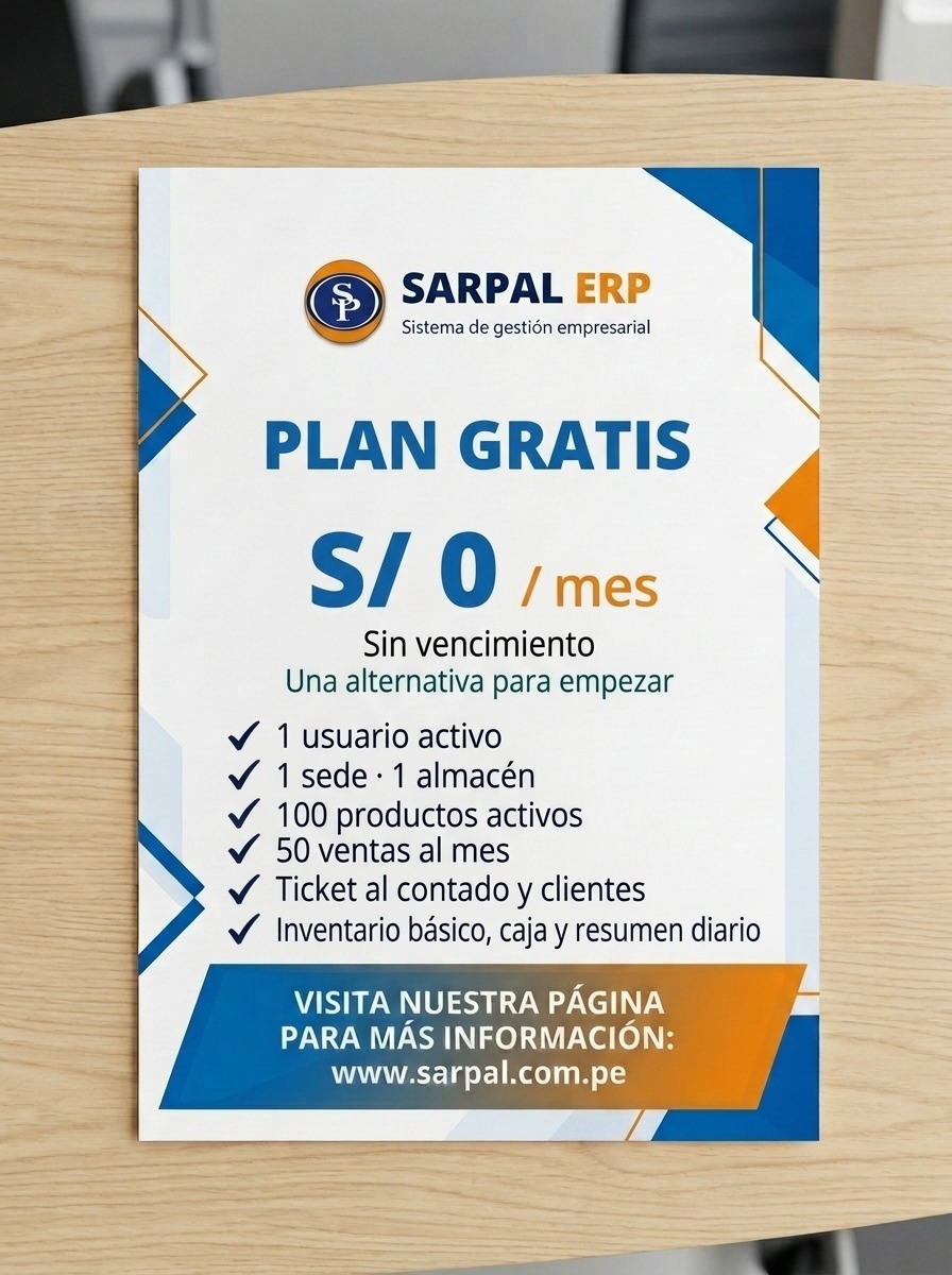 Plan Gratis: S/ 0 al mes. Sin vencimiento. 1 usuario · 1 sede · 1 almacén.