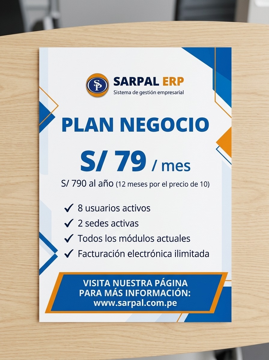 Plan Negocio: S/ 79 al mes. S/ 790 al año. 8 usuarios · 2 sedes.